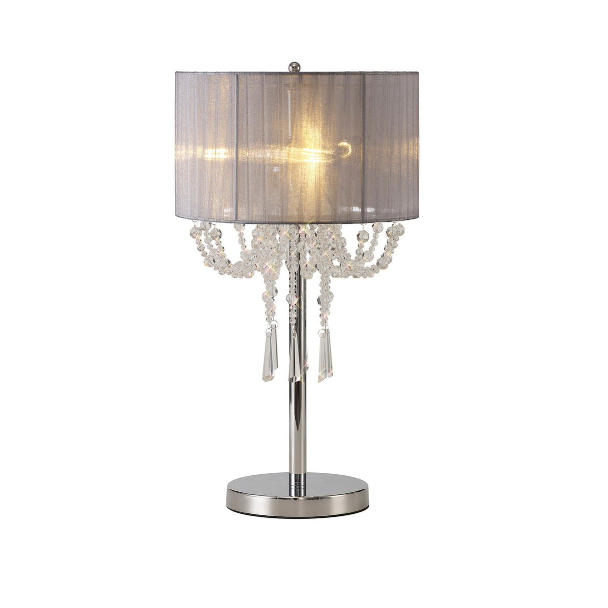 The Freida 3 Light Crystal Table Lamp features a polished chrome base, a grey cylindrical organza shade, and decorative crystal beads and pendants that glow elegantly when lit.