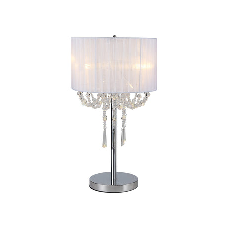 The Freida 3 Light Crystal Table Lamp features a polished chrome base, white shade, and decorative crystal beads for a modern look.