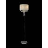The Freida 3 Light Crystal Floor Lamp features a tall chrome stand, a cylindrical white shade, and decorative hanging crystal accents, creating an elegant silhouette against a black background.