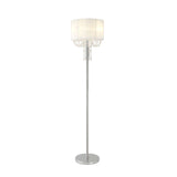 The Freida 3 Light Crystal Floor Lamp features a chrome stand, circular base, white fabric shade, and elegant hanging crystal accents for a chic modern style.