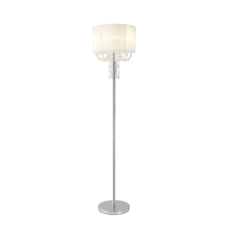 The Freida 3 Light Crystal Floor Lamp features a chrome stand, circular base, white fabric shade, and elegant hanging crystal accents for a chic modern style.