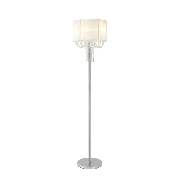 The Freida 3 Light Crystal Floor Lamp features a chrome stand, circular base, white fabric shade, and elegant hanging crystal accents for a chic modern style.