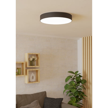 Frelvine Smart LED Flush Ceiling Light 49cm in black, round slim drum with white diffuser, shown illuminated on a living room ceiling above a shelf display and plant.