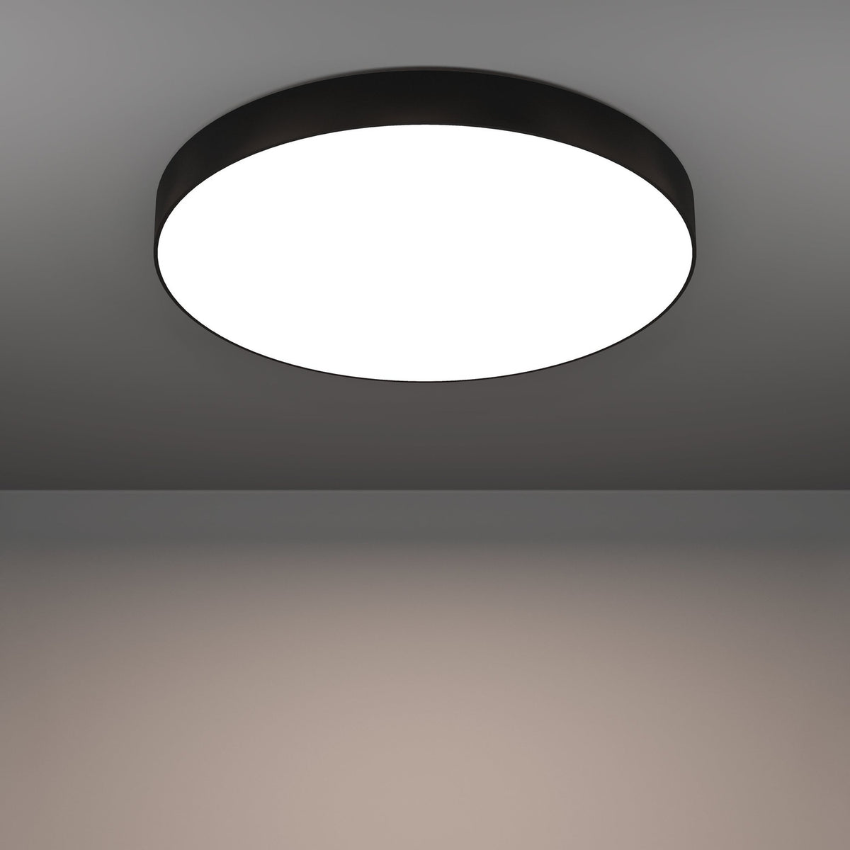 Frelvine Smart LED Flush Ceiling Light 69cm in Black, a round drum fixture with black plastic trim and a white diffuser panel, shown illuminated on a grey ceiling.