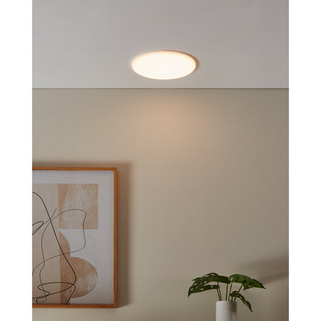 Fremora LED Downlight 21.5cm in white, shown recessed in a ceiling casting warm light over a neutral wall with framed art and a plant below.