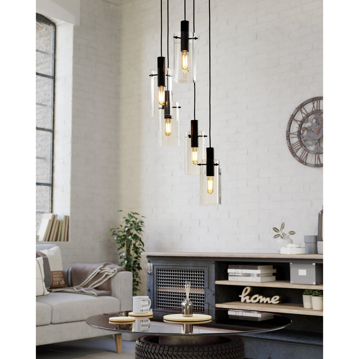 Fresvora Clear Glass 5 Light Pendant - Black
