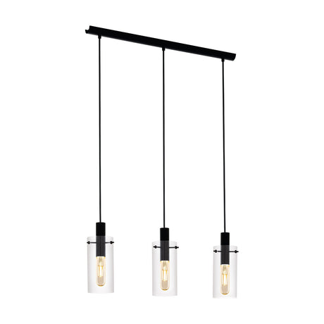 Fresvora linear pendant light with a slim black steel ceiling bar and three clear glass cylinder shades on black cords, shown on a plain white background.