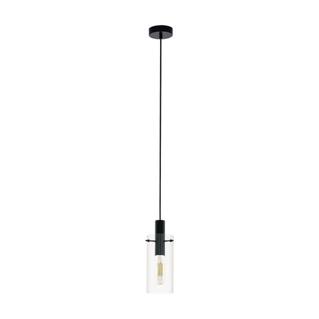 Fresvora pendant light with black ceiling canopy, slim cord, and cylindrical clear glass shade holding a single E27 bulb, on a plain white background.