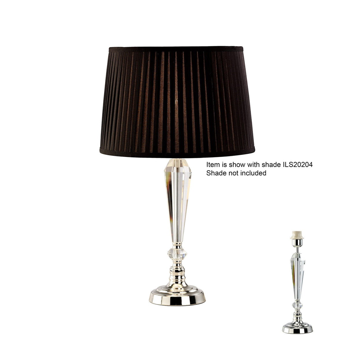 The Freya 1 Light Crystal Table Lamp features a clear faceted glass base and sleek silver stand. Shown without shade; pleated black lampshade not included. Inset highlights lamp without shade.