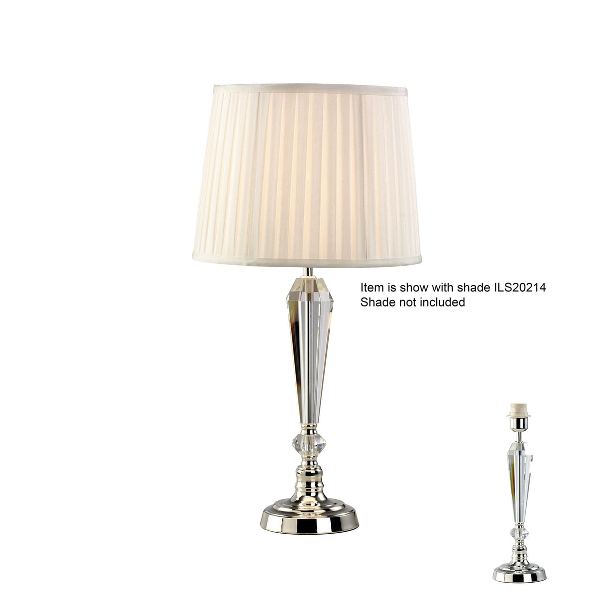 The Freya 1 Light Crystal Table Lamp features a modern silver faceted base. Shown with and without a pleated white shade. Note: Lampshade not included.