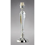 The Freya 1 Light Crystal Table Lamp - Silver Without Shade features a tall, faceted crystal column with shiny silver accents. Displayed without a shade or bulb, it stands elegantly against a plain gray background.