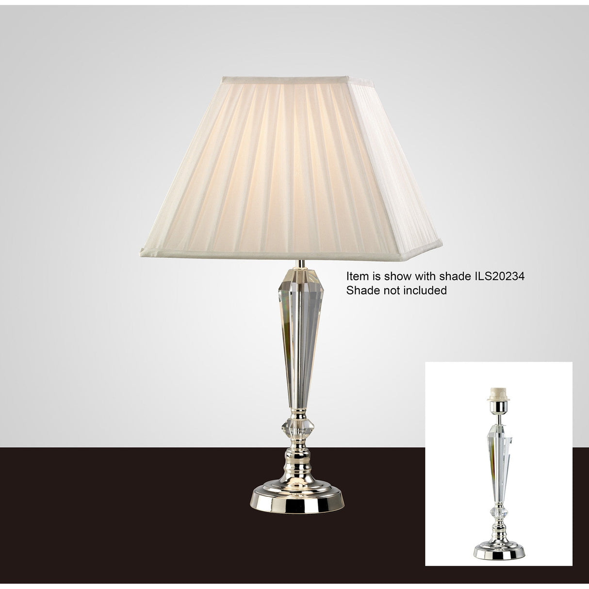 Freya 1 Light Crystal Table Lamp features a faceted glass base in silver, shown both with and without a white pleated shade. Note: Lampshade not included. Inset image displays the crystal base alone.