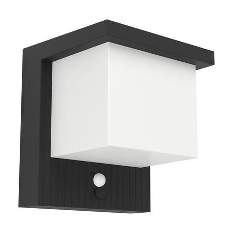 Frigento solar wall light with motion sensor in textured black, featuring a cube-shaped white plastic shade beneath an angular aluminium canopy, shown on a plain white background.