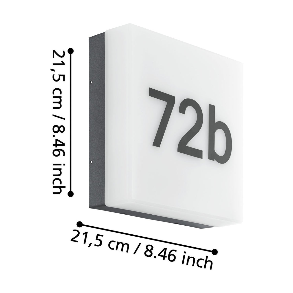Frimine LED outdoor wall light in anthracite, square white diffuser displaying illuminated house number "72b", shown with 21.5cm dimension labels on a white background.