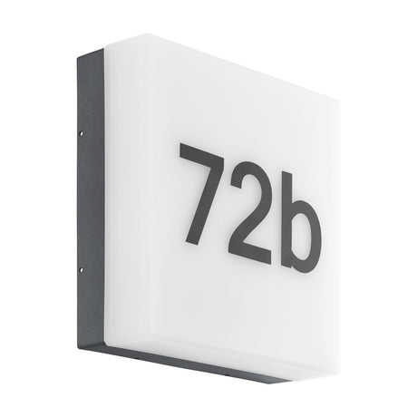 Frimine LED outdoor wall light with motion sensor, square anthracite plastic body with white illuminated diffuser displaying house number "72b", shown on a plain white background.