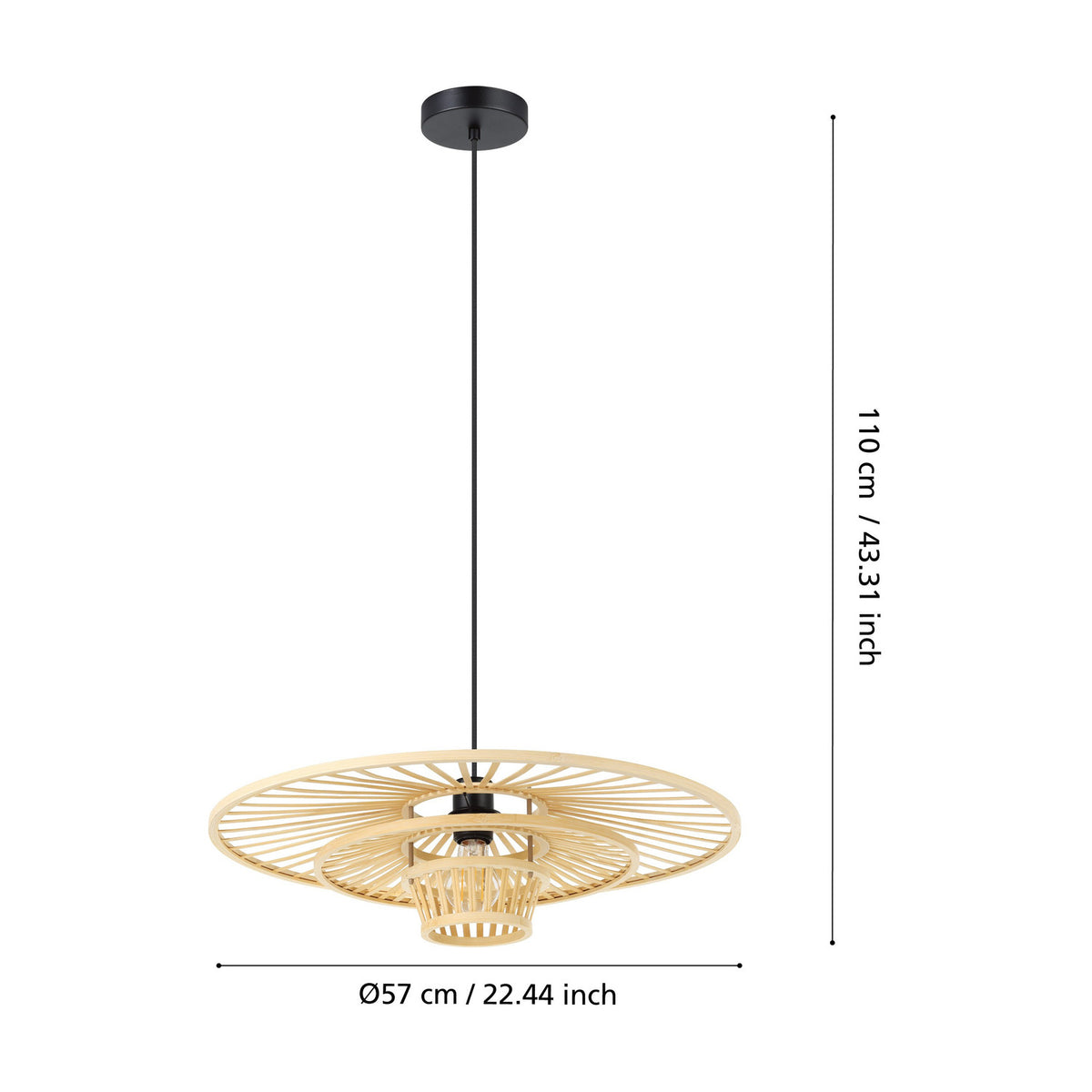 Frimorne wooden pendant light with layered honey-toned slatted wood shade and black steel ceiling rose and cable, shown with dimensions Ø57cm and 110cm drop on a white background.