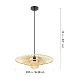 Frimorne wooden pendant light with layered honey-toned slatted wood shade and black steel ceiling rose and cable, shown with dimensions Ø57cm and 110cm drop on a white background.