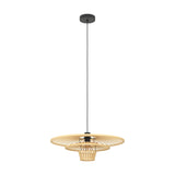 Frimorne wooden pendant light with layered honey-toned slatted wood shades and black steel ceiling rose and cable, shown against a plain white background.