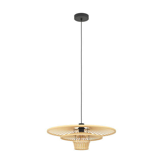 Frimorne wooden pendant light with layered honey-toned slatted wood shades and black steel ceiling rose and cable, shown against a plain white background.