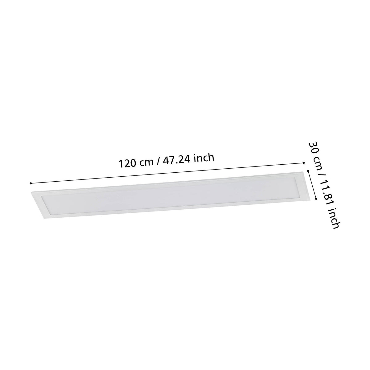 Frinarne LED Panel Light, a slim rectangular white ceiling fixture with a plastic diffuser face, shown at an angle with labelled dimensions 120 x 30cm on a white background.