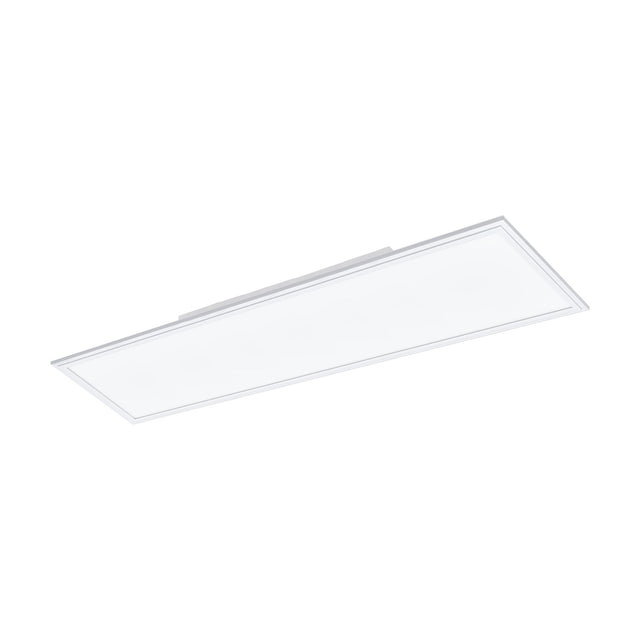 Frinarne rectangular LED ceiling panel light in white, 120 x 30cm slim aluminium and steel body with white plastic diffuser, shown at an angle on a plain white background.