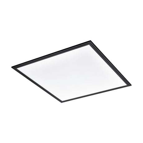 Frinarne LED Panel Light, 59.5 x 59.5cm, square ceiling fixture with slim black aluminium frame and white plastic diffuser, shown at an angle on a plain white background.