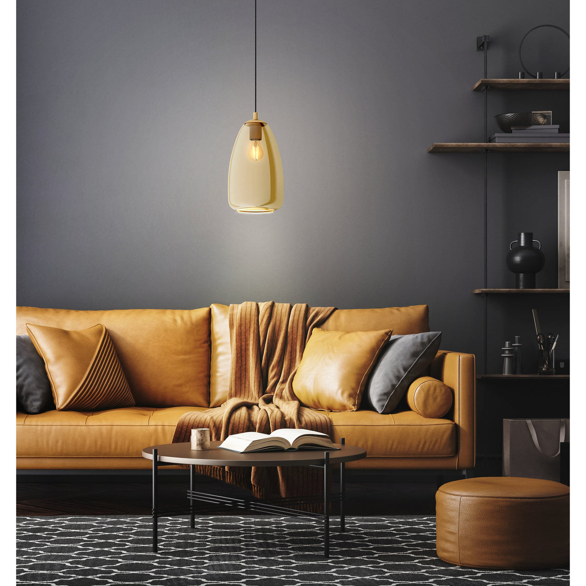 Frolena Amber Glass Pendant Light 20cm - Brushed Brass