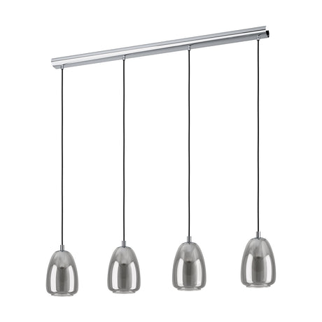 Frolena linear pendant light with four egg-shaped smoked glass shades on black cords, suspended from a chrome ceiling bar, shown on a plain white background.
