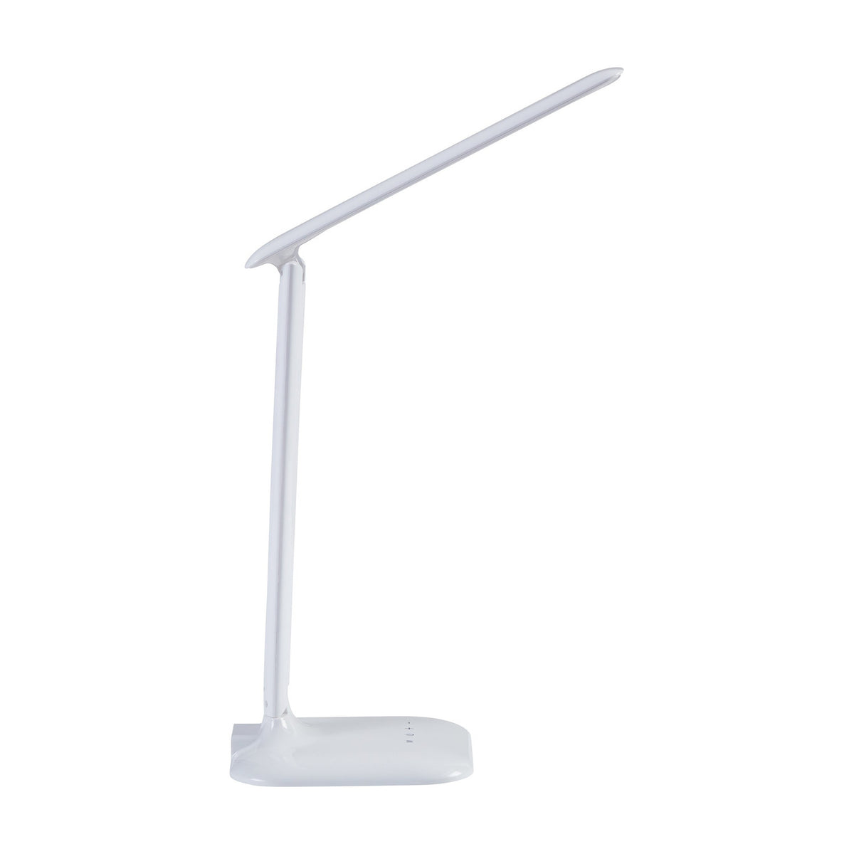 Frolmora LED touch table lamp in white, with a slim angled bar head on a straight stem and square base, touch controls visible, shown on a plain background.