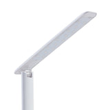 Close-up of the Frolmora LED touch table lamp in white, showing the flat hinged head with a double row of integrated LEDs atop a slim stem, against a plain white background.