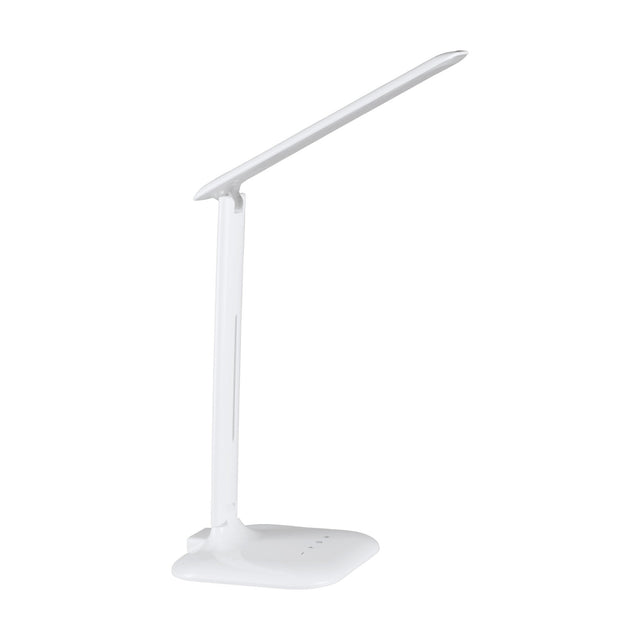 Frolmora LED touch table lamp in white, with a slim flat bar head on a hinge, straight stem, and square base, shown on a plain white background.