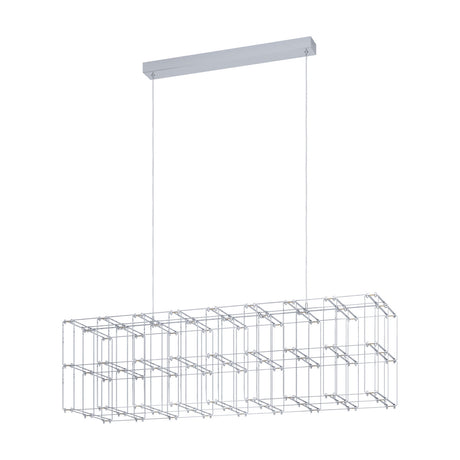 Frontera Pendant Light in chrome, a long open cage of wire cubes suspended on two fine wires from a slim bar canopy, steel construction with integrated LED lighting, shown on a plain white background.