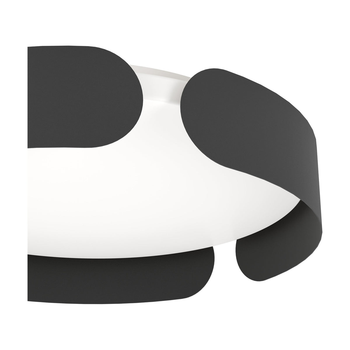 Close-up of the Frosmarne LED flush ceiling light in black, showing curved steel bands overlapping around a round white plastic diffuser, on a plain white background.
