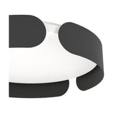 Close-up of the Frosmarne LED flush ceiling light in black, showing curved steel bands overlapping around a round white plastic diffuser, on a plain white background.