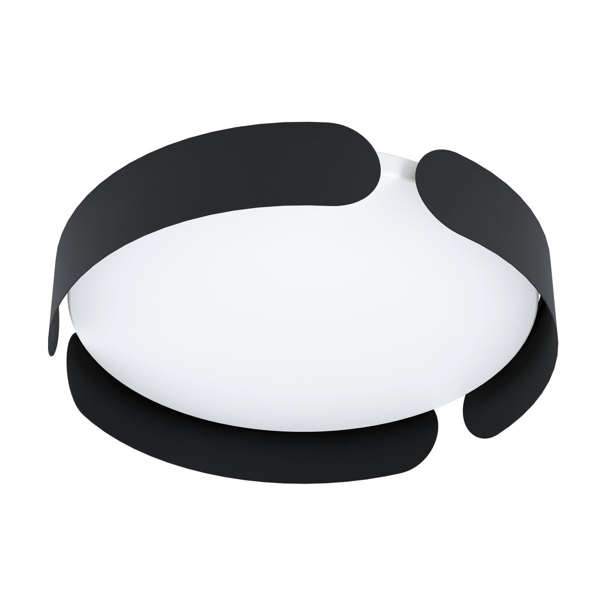 Frosmarne LED flush ceiling light with a round white plastic diffuser wrapped by overlapping black steel bands, shown on a plain white background.