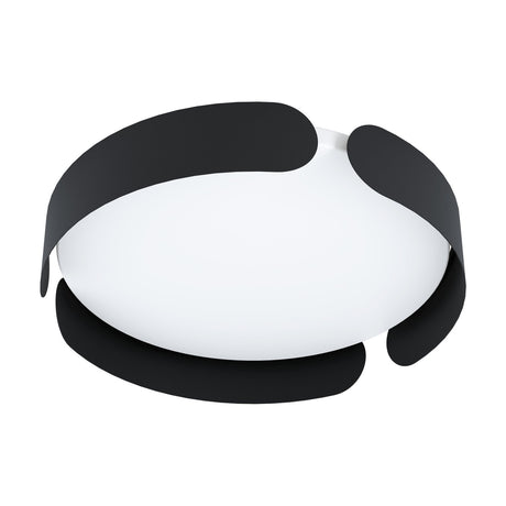 Frosmarne LED flush ceiling light with a round white plastic diffuser wrapped by overlapping black steel bands, shown on a plain white background.
