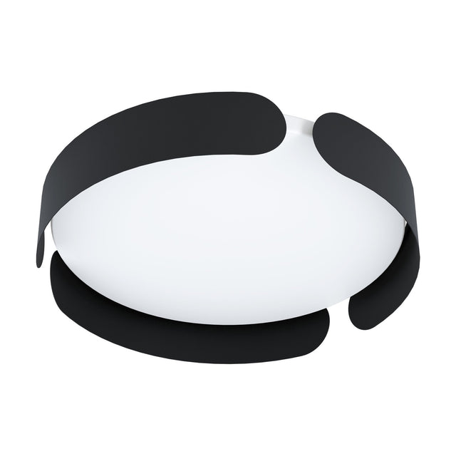 Frosmarne LED flush ceiling light with a round white plastic diffuser wrapped by overlapping black steel bands, shown on a plain white background.