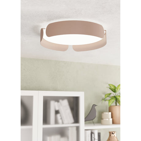 Frosmarne LED flush ceiling light in mocha, with a round white diffuser edged by curved steel segments, shown mounted on a textured ceiling above a living room shelf.