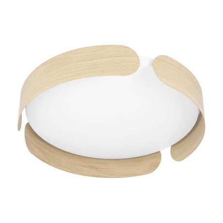 Frosmarne LED flush ceiling light with round white diffuser wrapped in curved light oak-effect steel bands, shown on a plain white background.