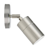 Frosmenne LED Outdoor Wall Light in brushed stainless steel, with a round wall plate, adjustable arm, and cylindrical head with clear glass front, shown on a plain white background.