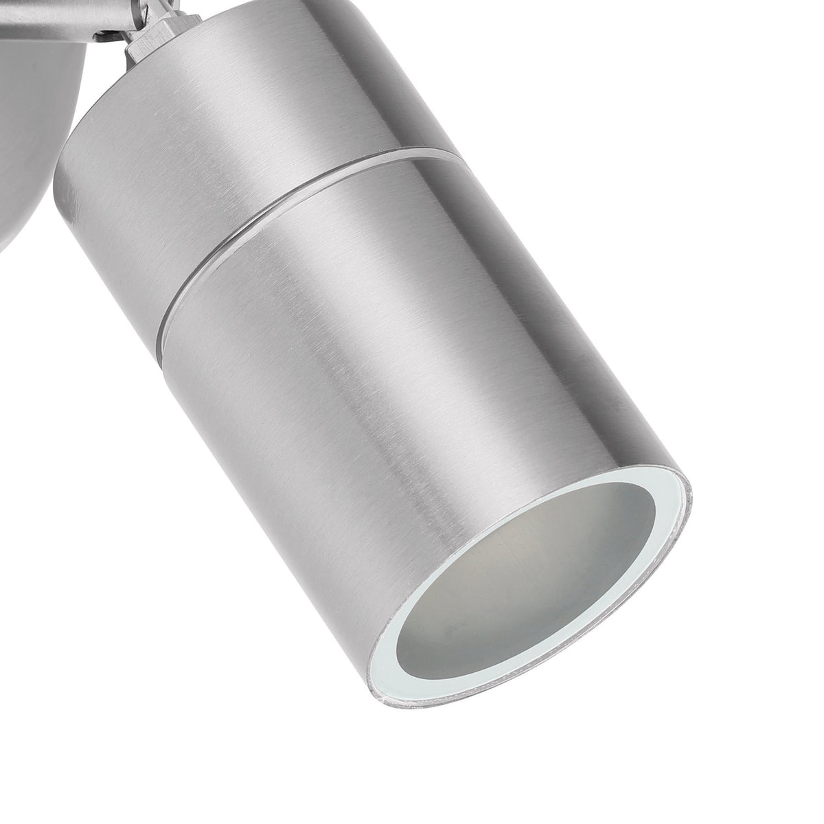 Close-up of the Frosmenne LED Outdoor Wall Light in brushed stainless steel, showing the cylindrical head with frosted glass lens and GU10 fitting, IP44 rated, on a white background.