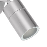 Close-up of the Frosmenne LED Outdoor Wall Light in brushed stainless steel, showing the cylindrical head with frosted glass lens and GU10 fitting, IP44 rated, on a white background.