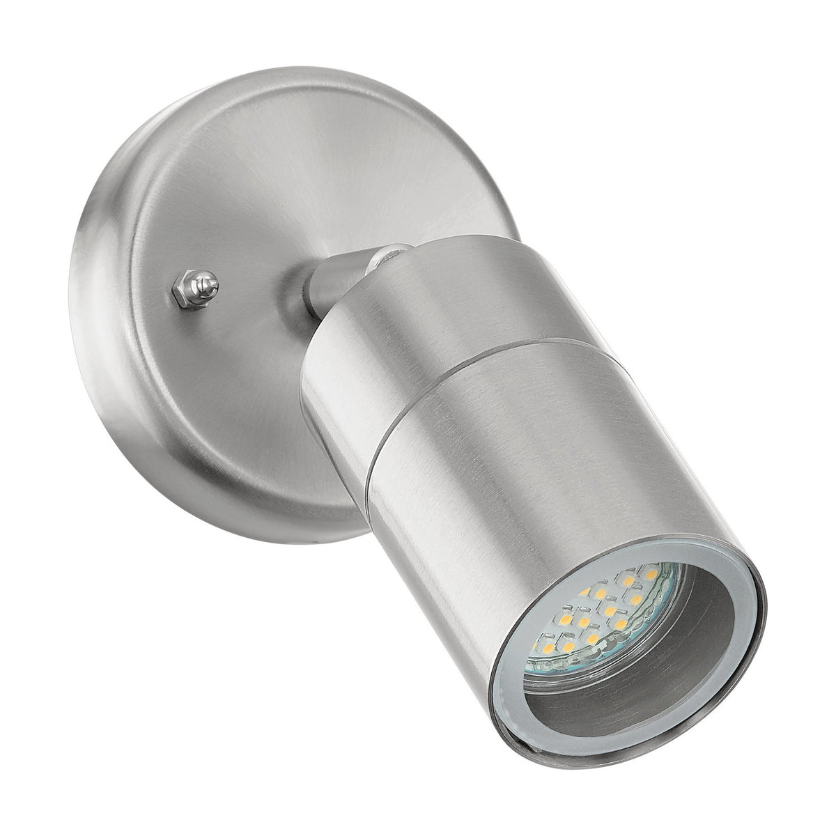 Frosmenne LED outdoor wall light in brushed stainless steel, with a round wall plate, adjustable arm, and cylindrical head showing a GU10 bulb behind clear glass, on a white background.