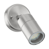 Frosmenne LED outdoor wall light in brushed stainless steel, with a round wall plate, adjustable arm, and cylindrical head showing a GU10 bulb behind clear glass, on a white background.