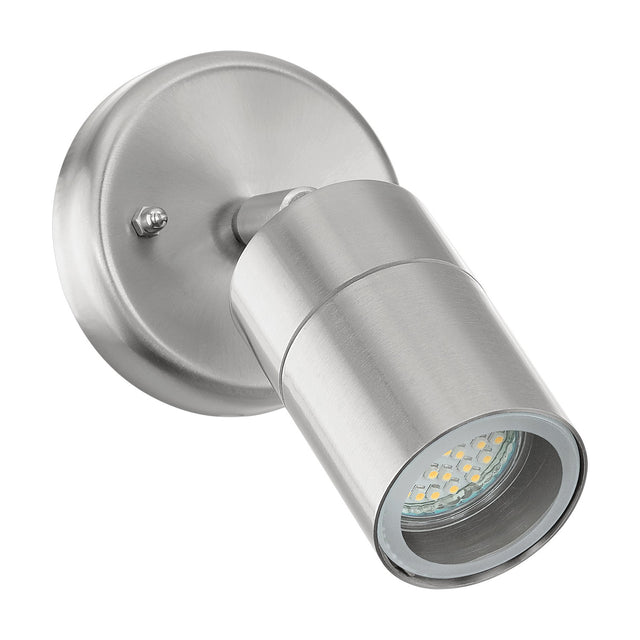 Frosmenne LED outdoor wall light in brushed stainless steel, with a round wall plate, adjustable arm, and cylindrical head showing a GU10 bulb behind clear glass, on a white background.