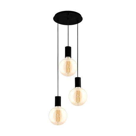 Frosvette 3 Light Pendant in black steel with a round ceiling canopy, three E27 globe bulbs at staggered heights on slim black cords, shown on a plain white background.
