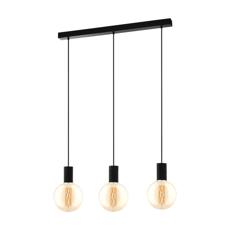 Frosvette Linear Pendant Light in black steel, a slim ceiling bar with three cylindrical holders on black cords, shown with globe bulbs on a plain white background.
