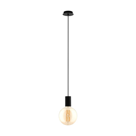 Frosvette Pendant Light in black steel, featuring a round ceiling rose, slim black cord, and cylindrical E27 lampholder with a globe bulb, shown on a plain white background.