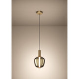 Fruitera Glass Pendant Light 21cm in brushed brass, with an apple-shaped amber-toned glass shade and slim brass neck hanging from a round ceiling canopy against a plain neutral background.
