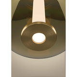 Close-up of the Fruitera Glass Pendant Light 21cm in brushed brass, showing the steel disc neck and glowing integrated LED centre within the mirrored gold glass shade.